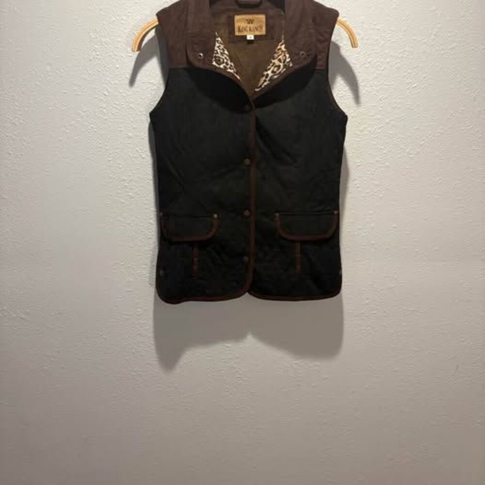 King Ranch Saddle Shop Brown Quilted Field Vest - Leopard Print Lining Western S